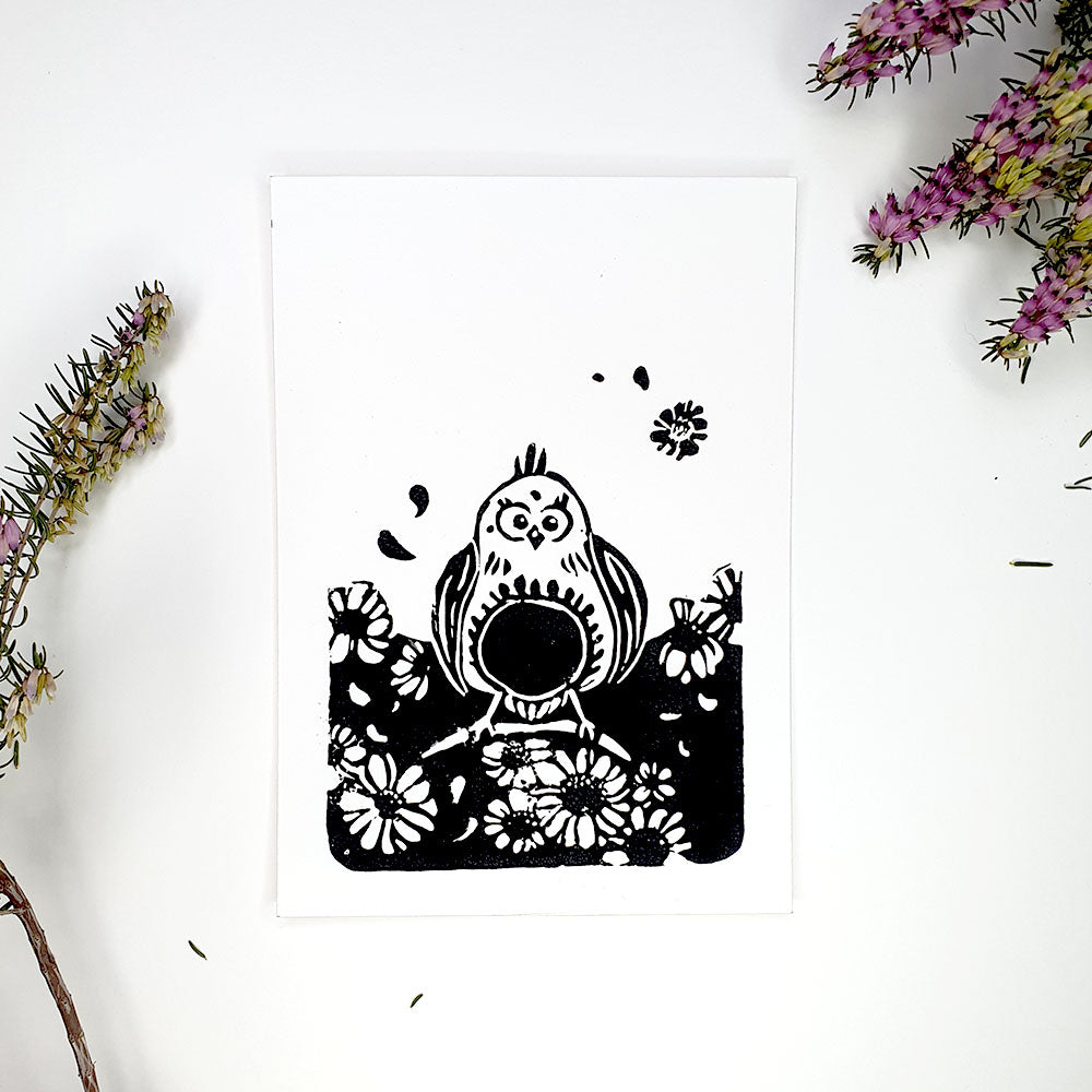 Linogravure oiseau fleurs