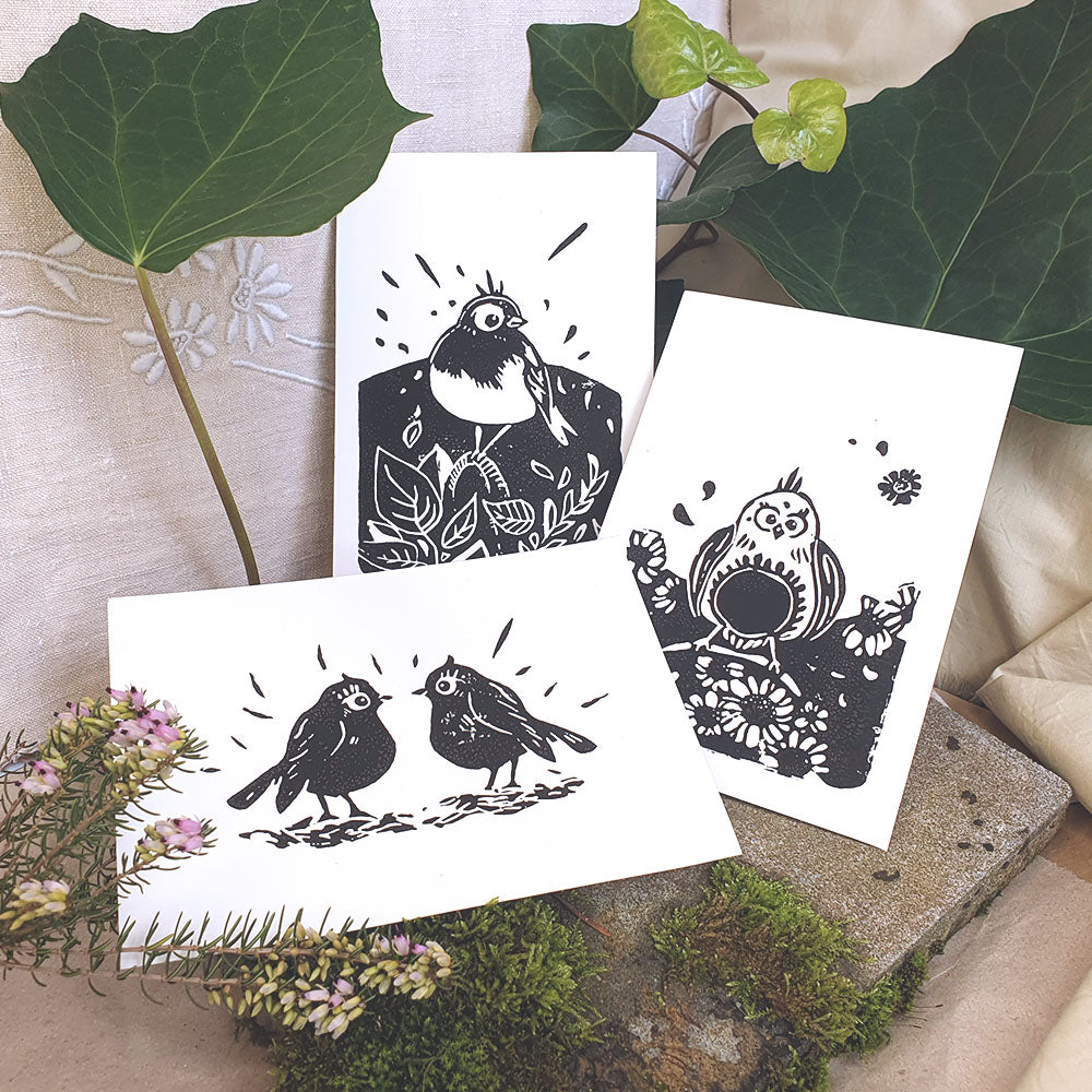 Linogravure duo d'oiseaux