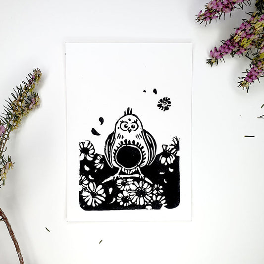 Linogravure oiseau fleurs
